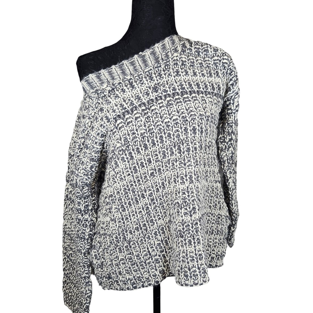 Pink Blush Chunky Knit Sweater Women Gray White Marled Pullover Pockets Crochet
